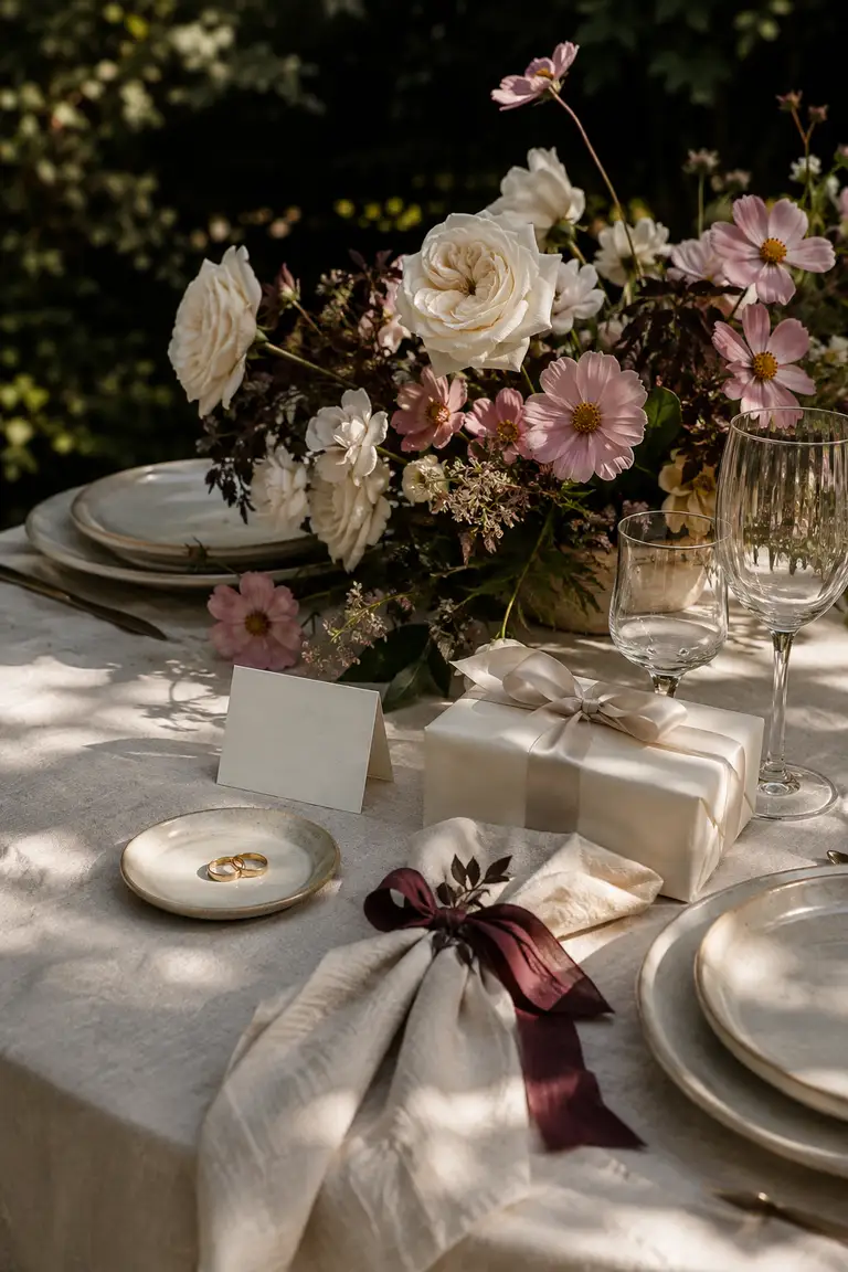 An intimate wedding table with roses, candles and linen